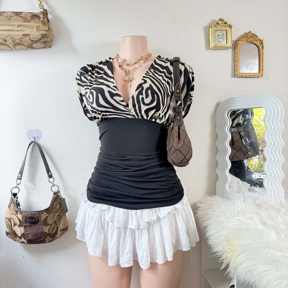 Voice Y2K Zebra Print V-Neck Ruched Bodice Blouse with Attached Black Tank Top
